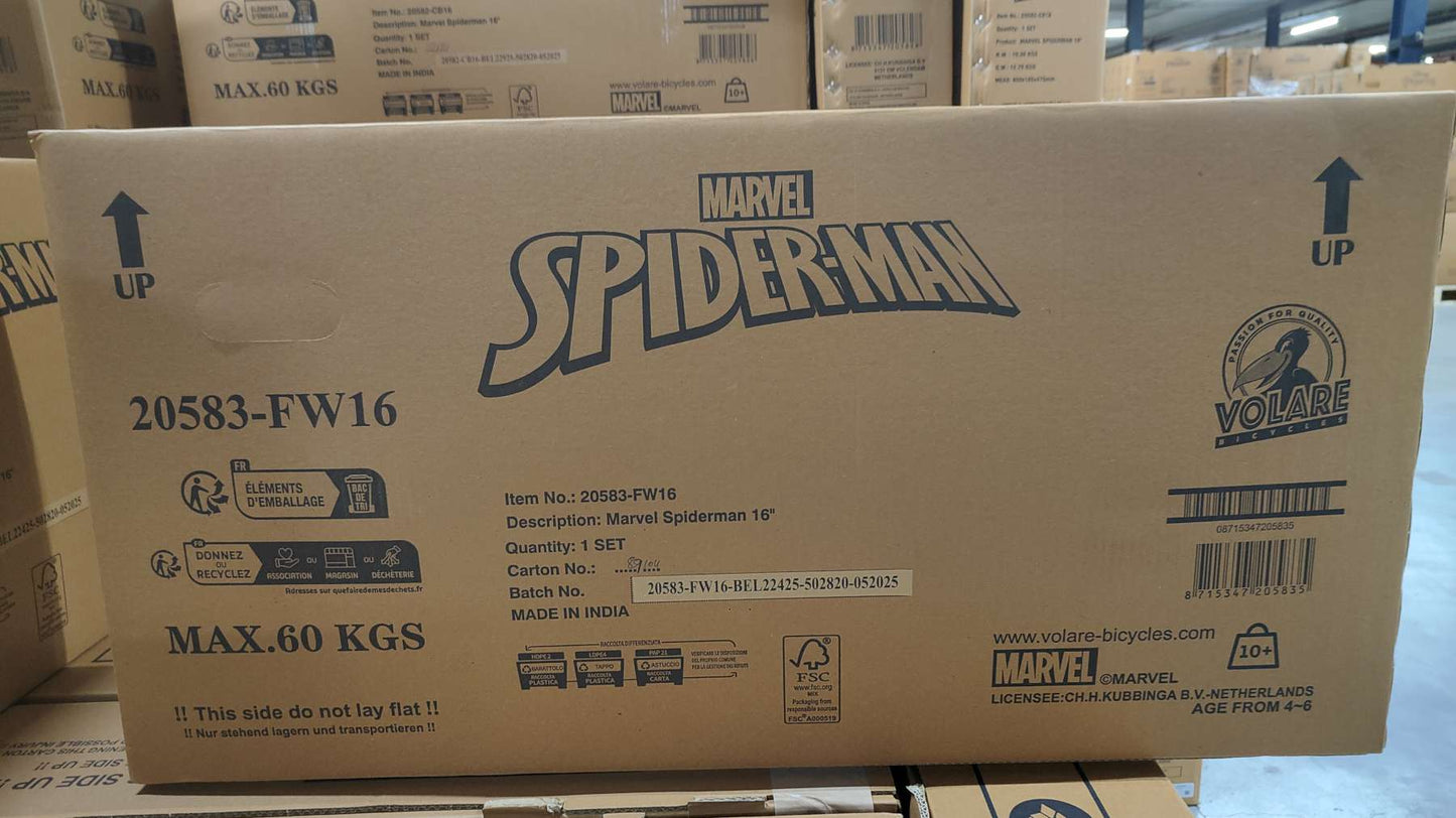 Spiderman Spider-Man Barncykel 16 tum, dubbla handbromsar, Röd - För barn 4-6 år