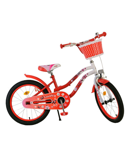 Volare Lovely 18 tum Barncykel för Tjejer – Med Korg, Handbroms & Stödhjul, Röd - För barn 4-7 år