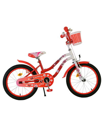 Volare Lovely 18 tum Barncykel för Tjejer – Med Korg, Handbroms & Stödhjul, Röd - För barn 4-7 år