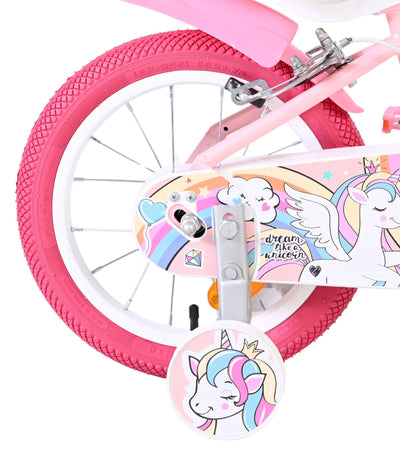 Volare Unicorn Barncykel 14 tum, dubbla handbromsar, Rosa - För barn 3-5 år