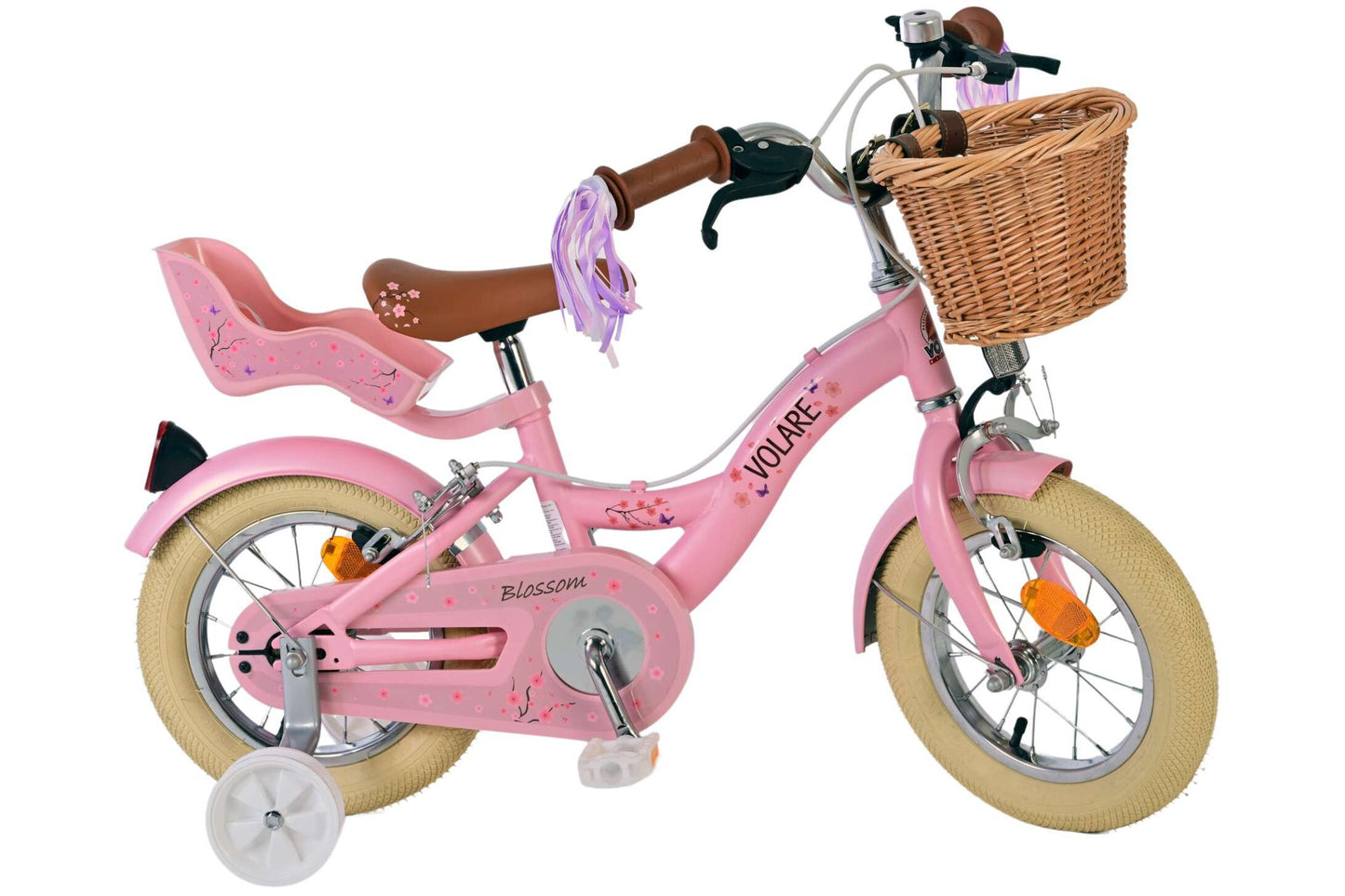 Volare Blossom 12 tum Rosa Barncykel med Korg & Dockhållare – Dubbel Handbroms, För barn 3-4 år