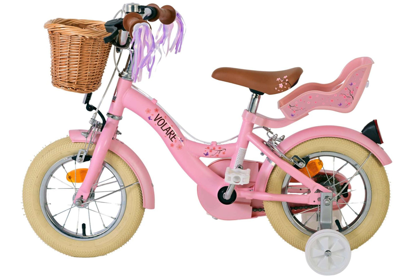 Volare Blossom 12 tum Rosa Barncykel med Korg & Dockhållare – Dubbel Handbroms, För barn 3-4 år