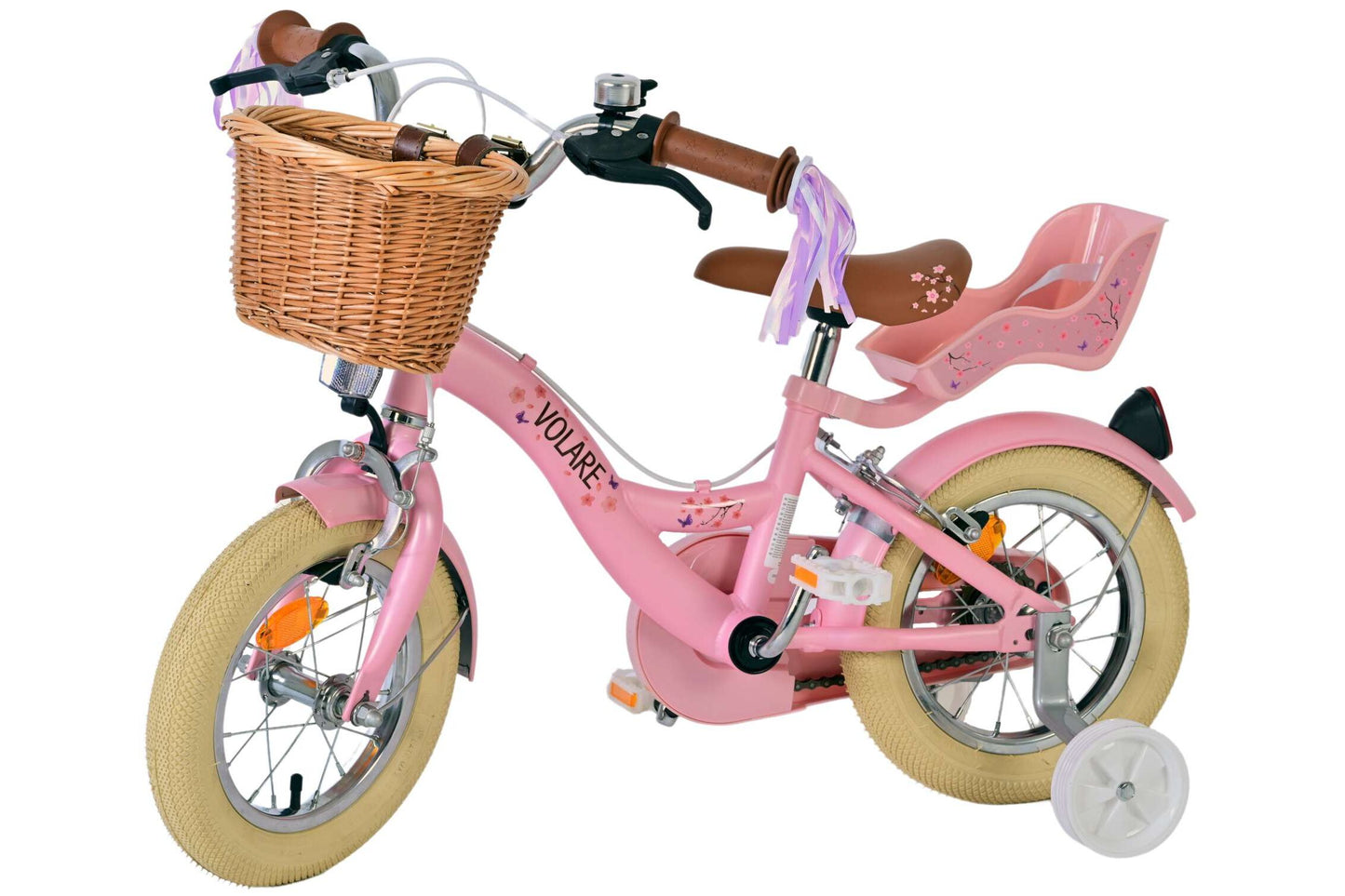 Volare Blossom 12 tum Rosa Barncykel med Korg & Dockhållare – Dubbel Handbroms, För barn 3-4 år