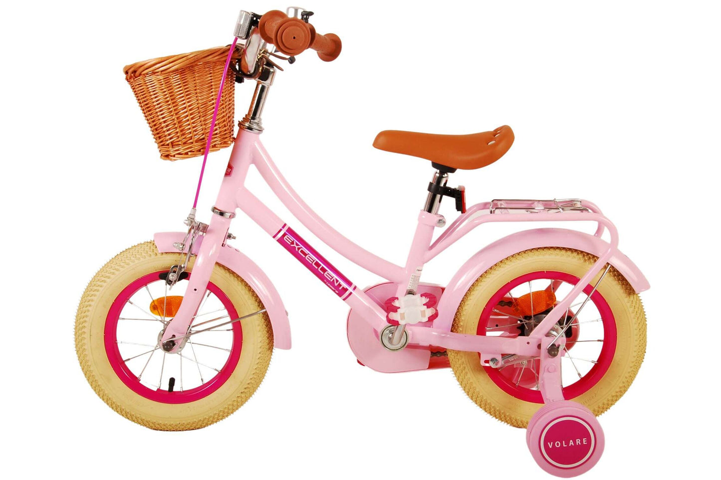 Volare Excellent 12-tums Barncykel med Stödhjul – Rosa med Korg och Pakethållare, För barn 3-4 år (Copy)