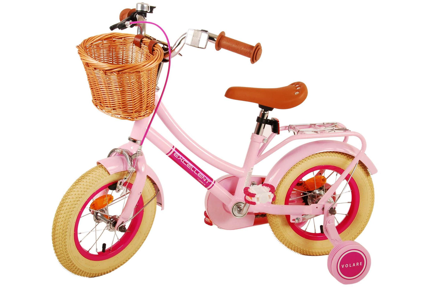 Volare Excellent 12-tums Barncykel med Stödhjul – Rosa med Korg och Pakethållare, För barn 3-4 år (Copy)
