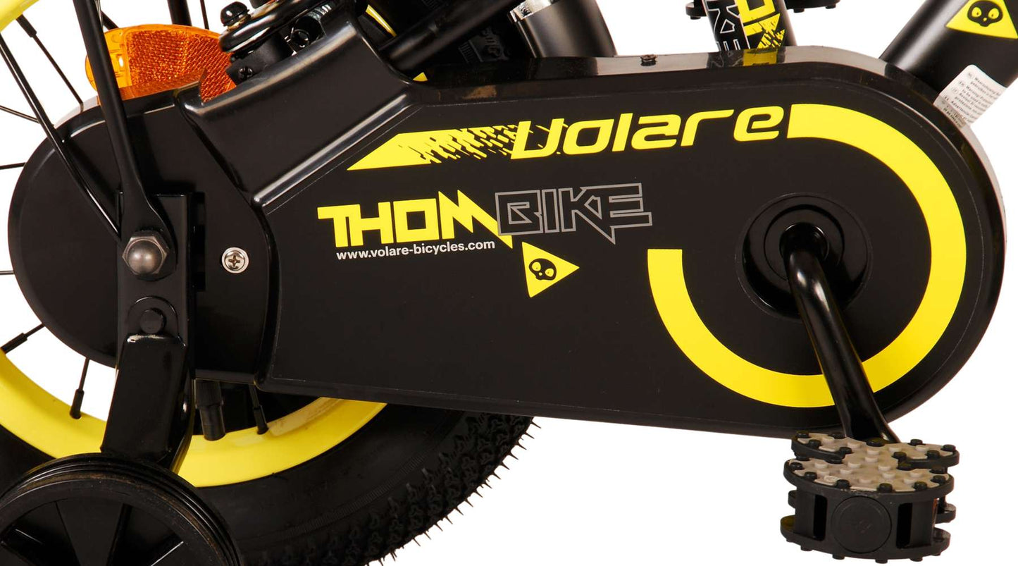 Volare Thombike Barncykel 12 tum, Svart Gul Två Handbromsar - Lilla Cykelbutiken