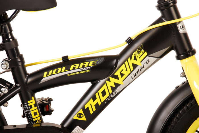 Volare Thombike Barncykel 12 tum, Svart Gul Två Handbromsar - Lilla Cykelbutiken
