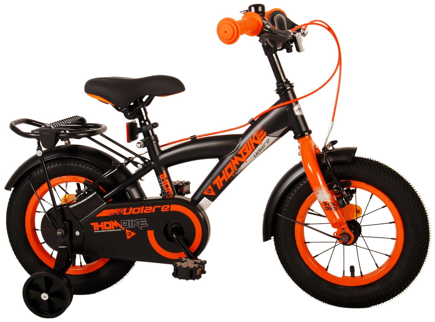 Volare Thombike Barncykel 12 tum, Svart Orange Två Handbromsar - Lilla Cykelbutiken