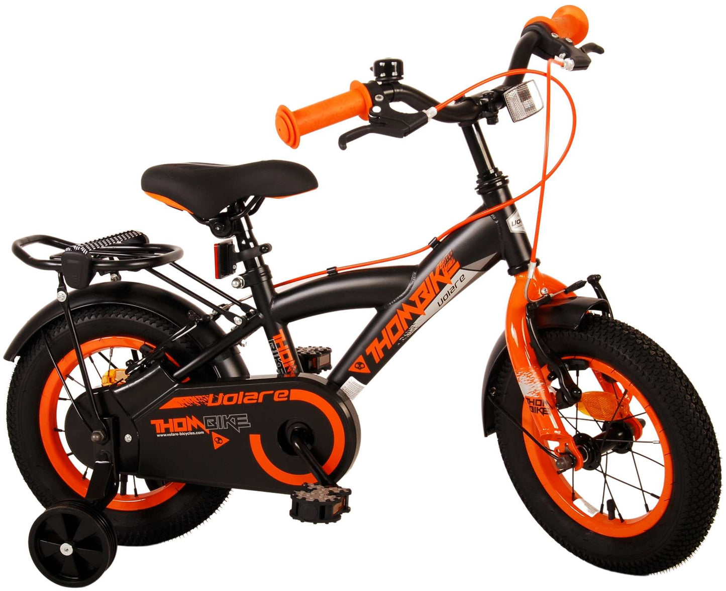 Volare Thombike Barncykel 12 tum, Svart Orange Två Handbromsar - Lilla Cykelbutiken