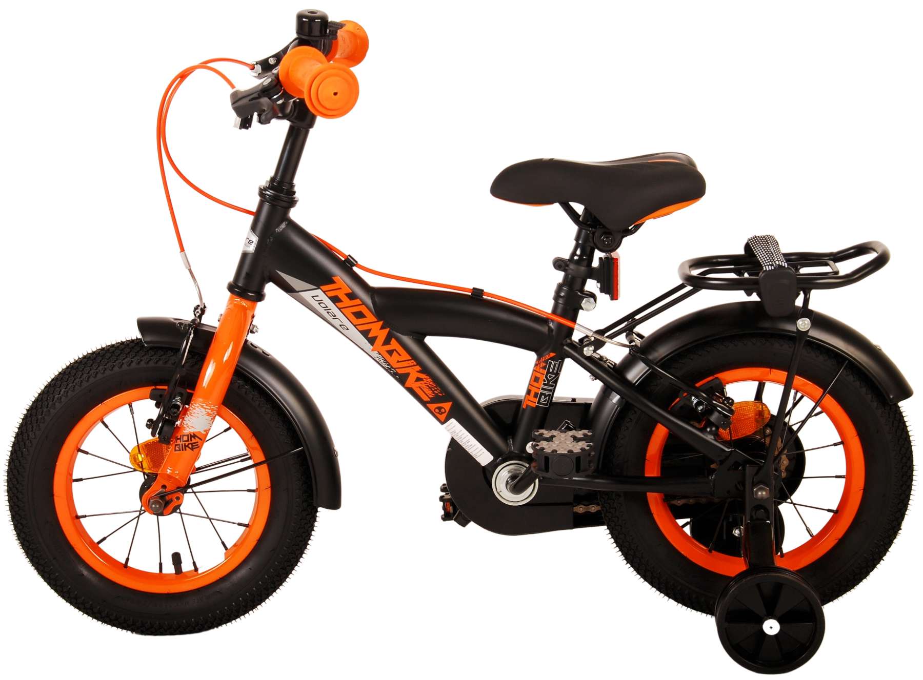 Volare Thombike Barncykel 12 tum, Svart Orange Två Handbromsar - Lilla Cykelbutiken