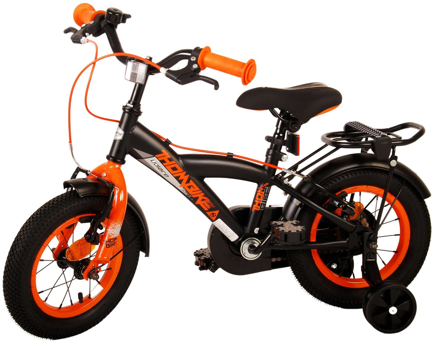 Volare Thombike Barncykel 12 tum, Svart Orange Två Handbromsar - Lilla Cykelbutiken