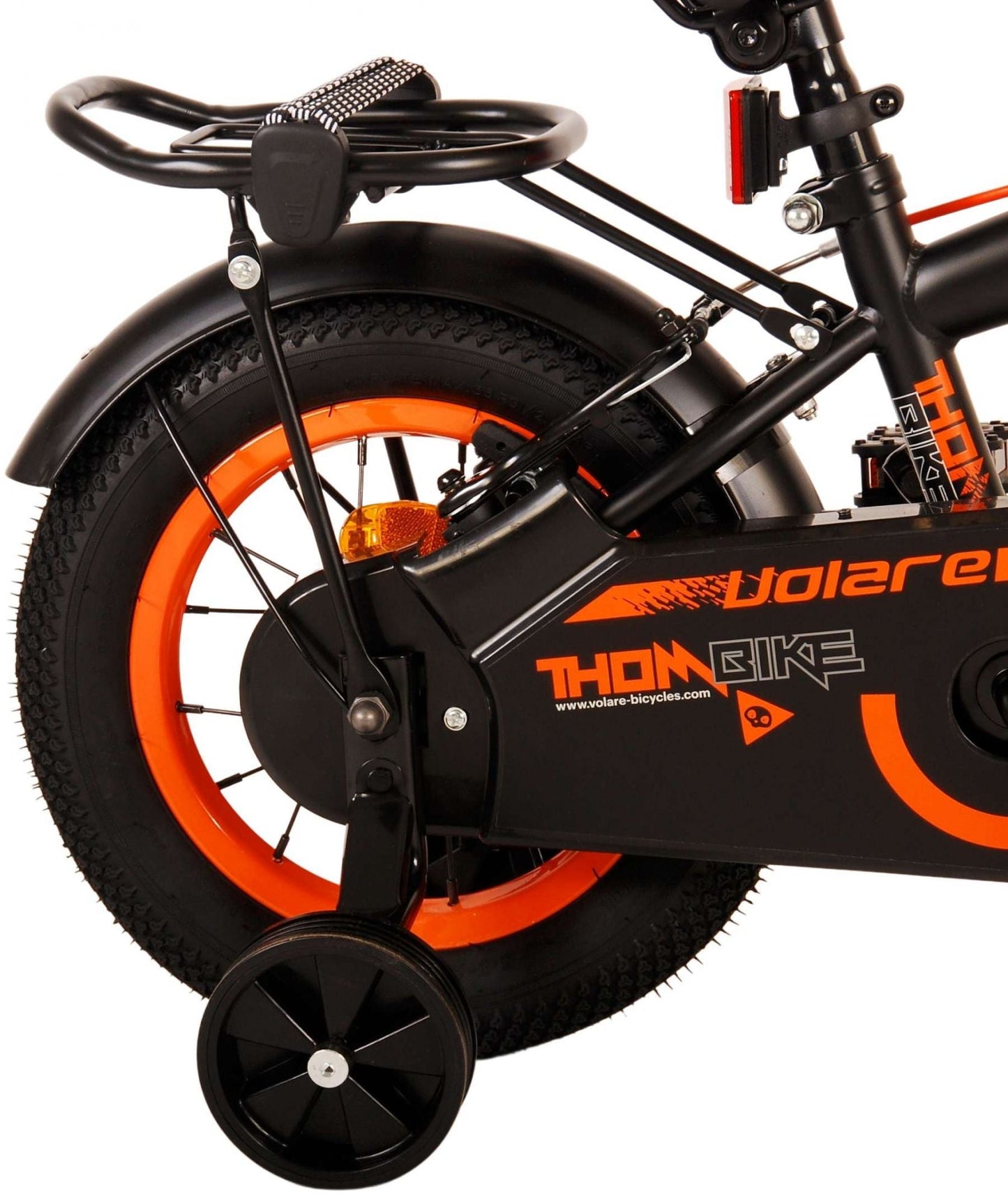 Volare Thombike Barncykel 12 tum, Svart Orange Två Handbromsar - Lilla Cykelbutiken