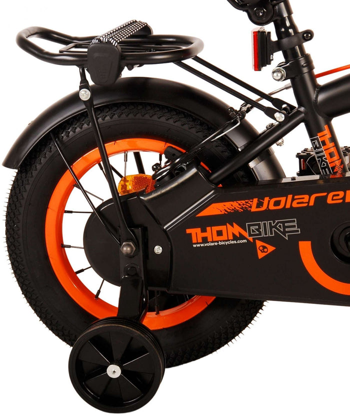 Volare Thombike Barncykel 12 tum, Svart Orange Två Handbromsar - Lilla Cykelbutiken