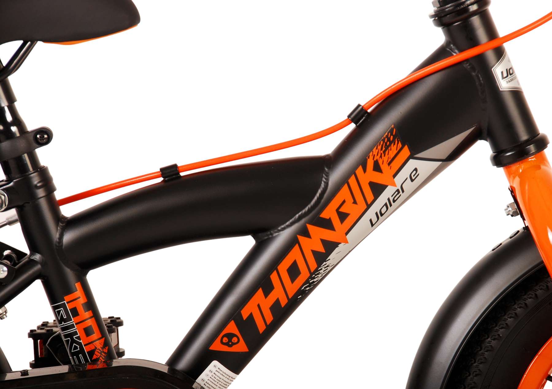 Volare Thombike Barncykel 12 tum, Svart Orange Två Handbromsar - Lilla Cykelbutiken