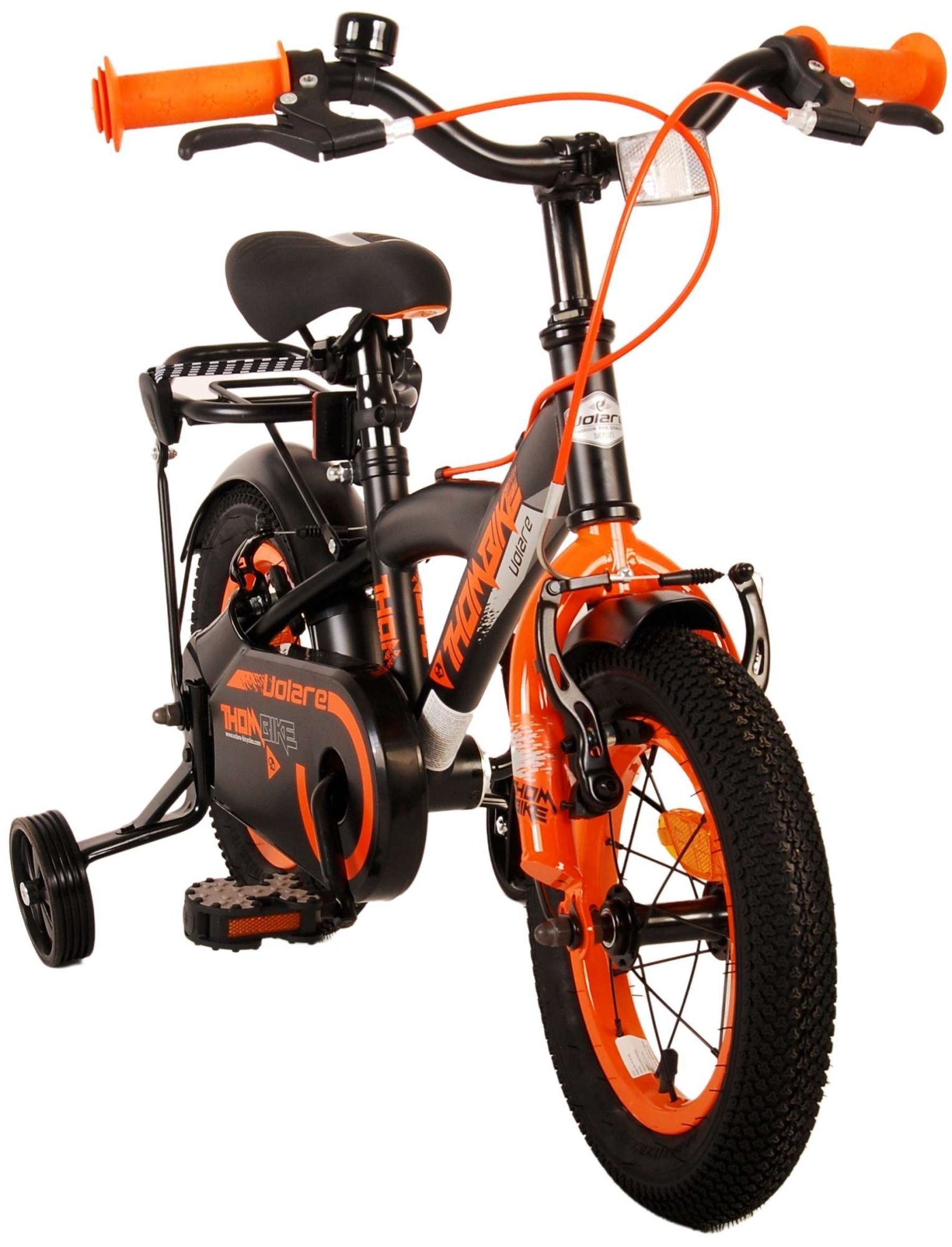 Volare Thombike Barncykel 12 tum, Svart Orange Två Handbromsar - Lilla Cykelbutiken
