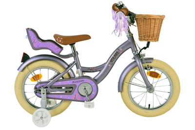 Volare Blossom 14-tums Barncykel – Lila med Korg, Dockhållare och Stödhjul, För barn 3-5 år