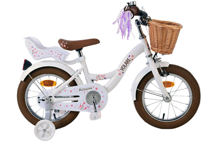Volare Blossom 14-tums Barncykel – Vit med Korg, Dockhållare och Stödhjul, För barn 3-5 år