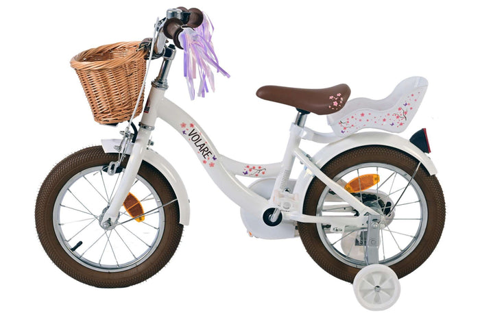 Volare Blossom 14-tums Barncykel – Vit med Korg, Dockhållare och Stödhjul, För barn 3-5 år