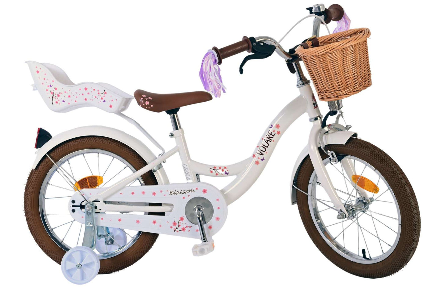 Volare Blossom 16-tums Barncykel – Vit med Korg, Dockhållare & Dubbel Handbroms, För barn 4-6 år