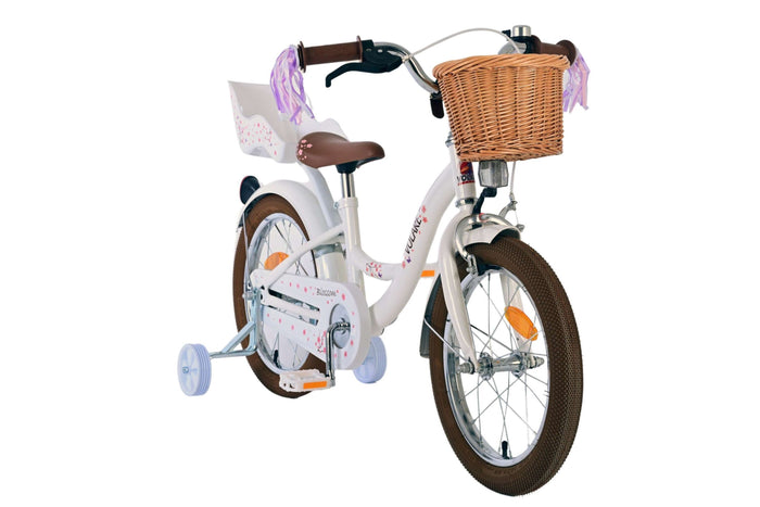 Volare Blossom 16-tums Barncykel – Vit med Korg, Dockhållare & Dubbel Handbroms, För barn 4-6 år