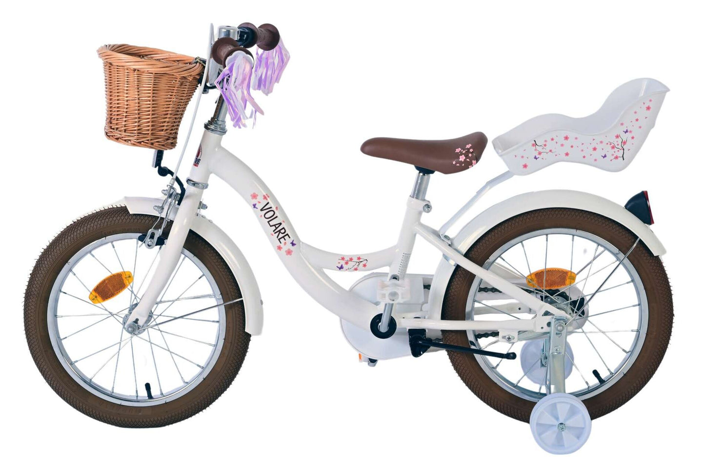 Volare Blossom 16-tums Barncykel – Vit med Korg, Dockhållare & Dubbel Handbroms, För barn 4-6 år