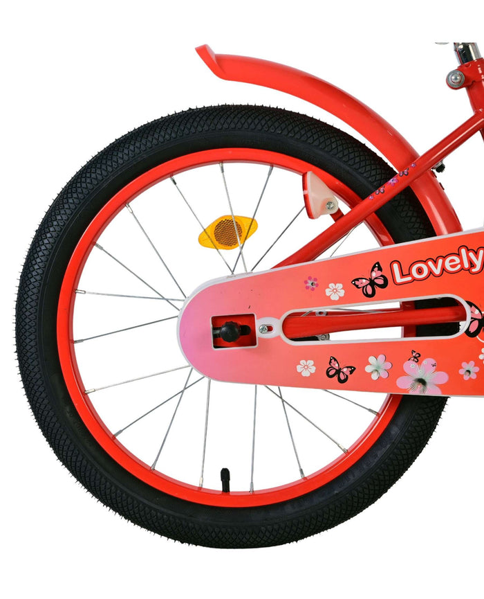 Volare Lovely 18 tum Barncykel för Tjejer – Med Korg, Handbroms & Stödhjul, Röd - För barn 4-7 år