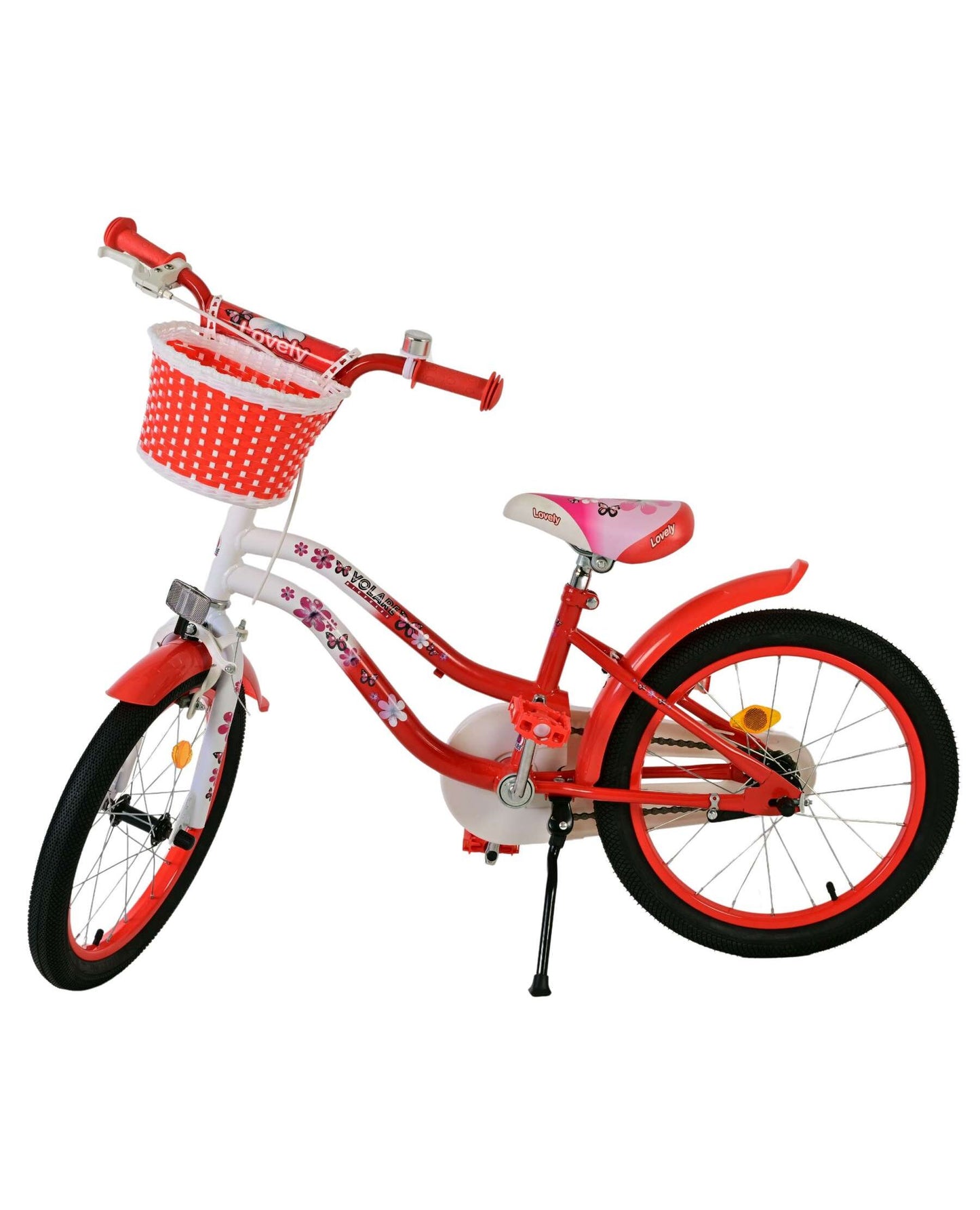 Volare Lovely 18 tum Barncykel för Tjejer – Med Korg, Handbroms & Stödhjul, Röd - För barn 4-7 år